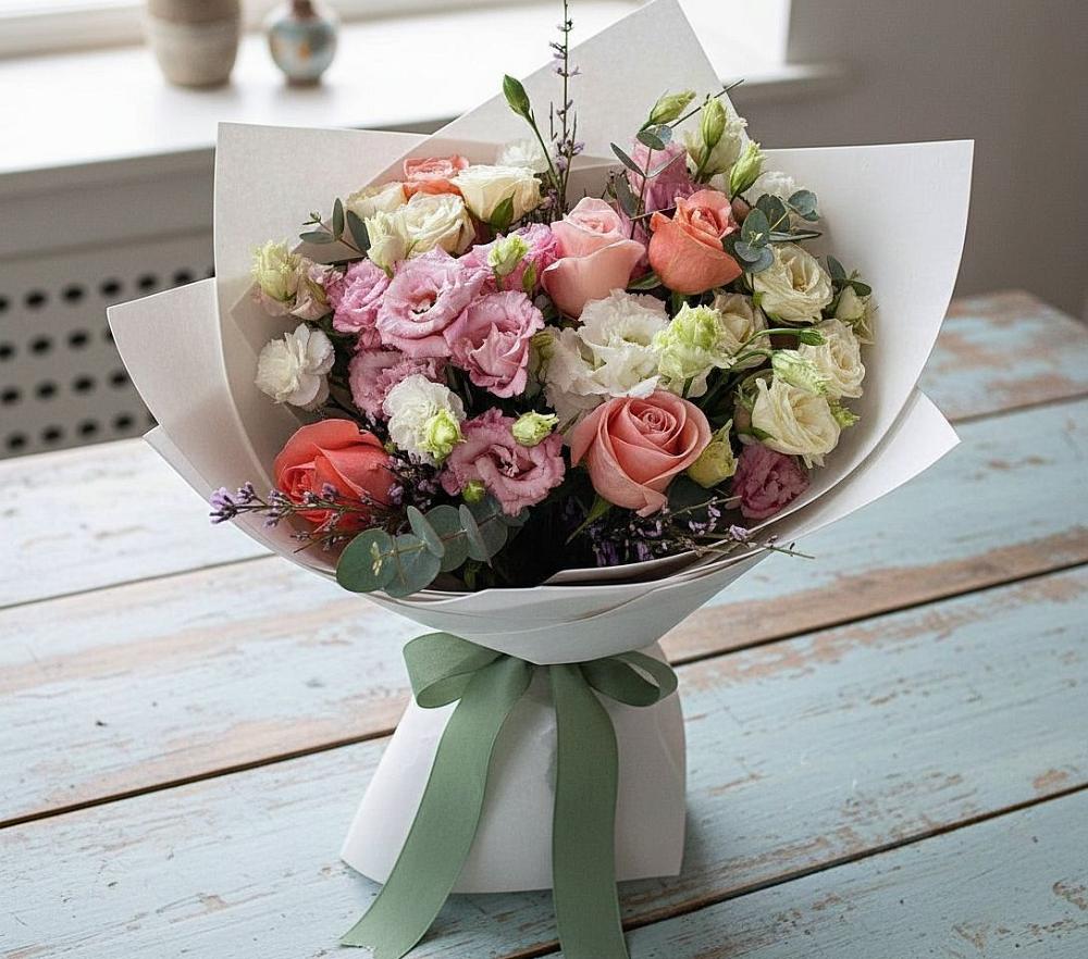 Букет цветов из: Розы, Лизиантусы и Гвоздики в Скопине