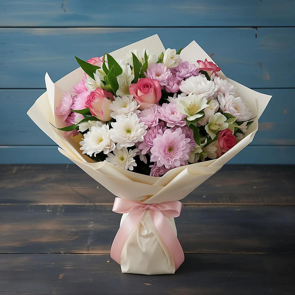 Букет цветов из: Хризантемы, Альстромерии и Розы в Скопине